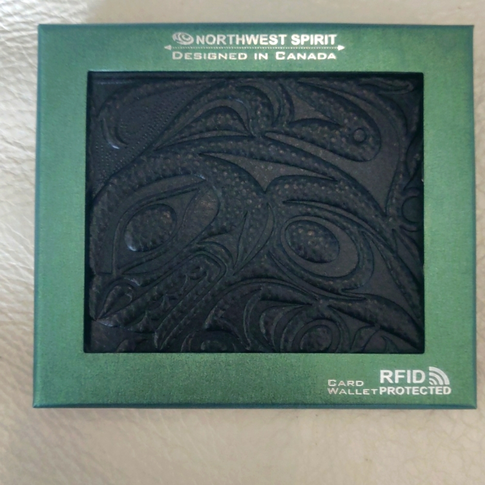 Genuine Leather Bi-fold Wallet with 'Orca' design by Douglas Horne, Coast Salish